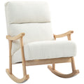 Cream white teddy fleece rocking chair with natural wood armrests and curved rockers on a white background