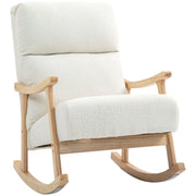 Cream white teddy fleece rocking chair with natural wood armrests and curved rockers on a white background
