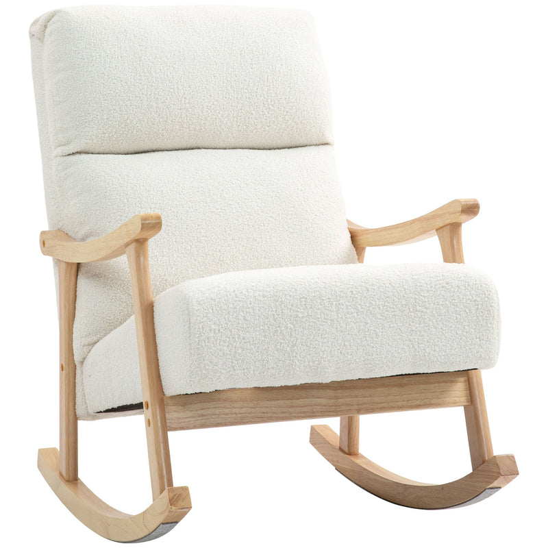 Cream white teddy fleece rocking chair with natural wood armrests and curved rockers on a white background