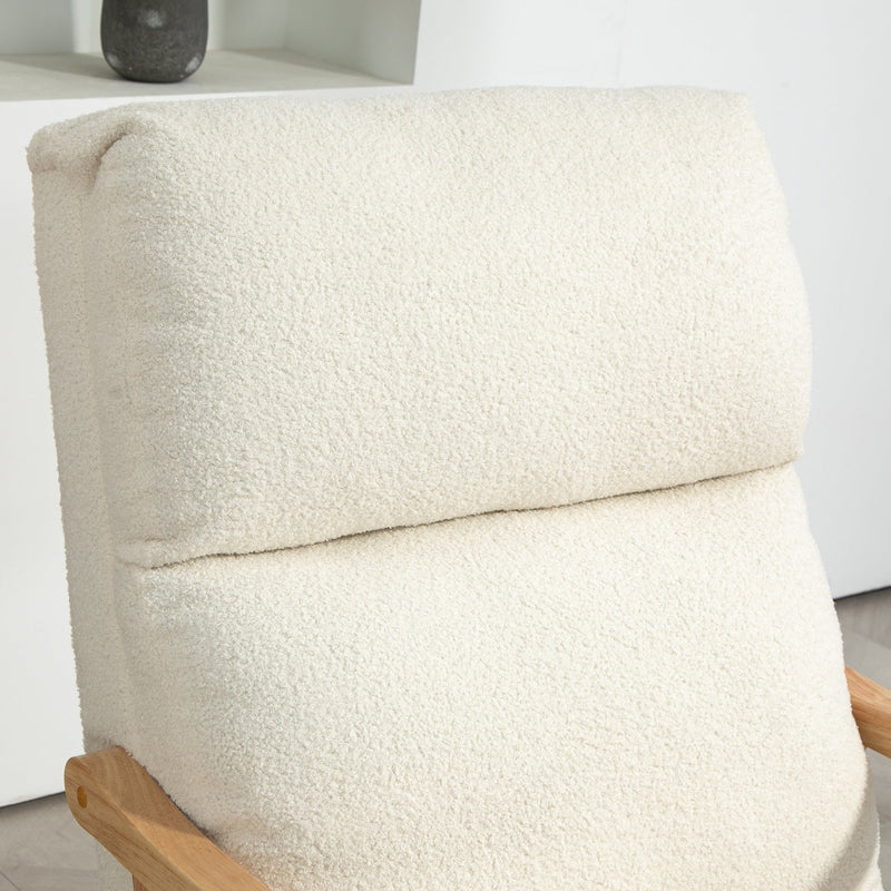 Close-up of the teddy fleece backrest cushion on the cream white rocking chair