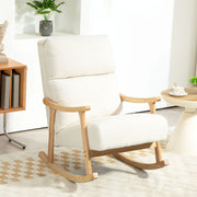 Cream white teddy fleece rocking chair in a bright living room beside a side table