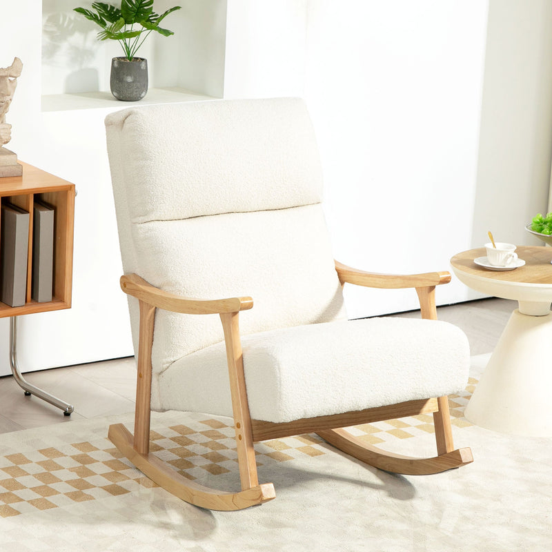 Cream white teddy fleece rocking chair in a bright living room beside a side table