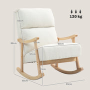 Dimensions diagram for the cream white teddy fleece rocking chair showing 65 cm width, 90 cm depth, 98 cm height and 120 kg capacity