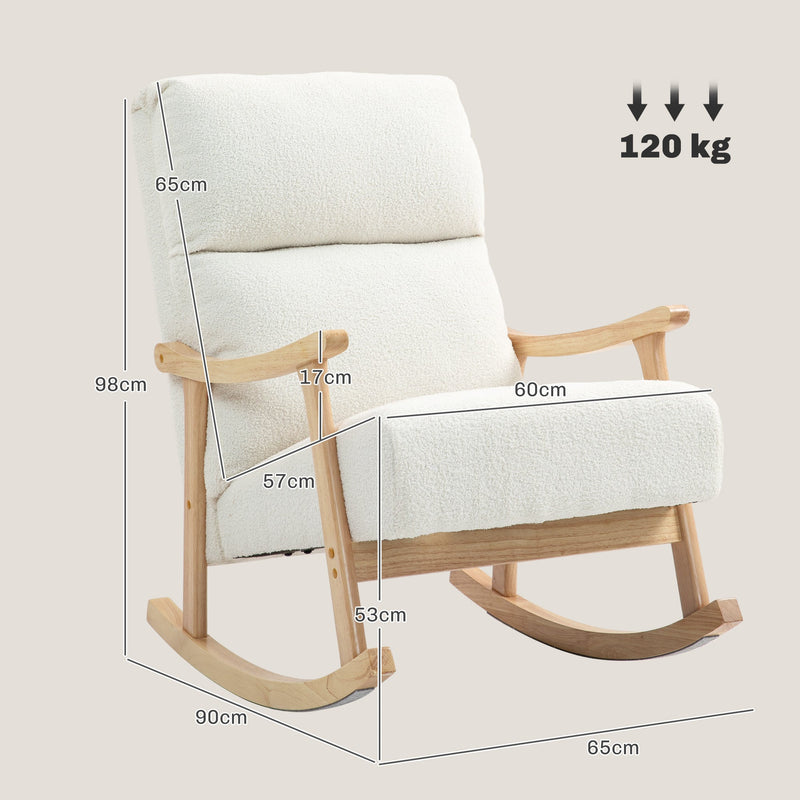 Dimensions diagram for the cream white teddy fleece rocking chair showing 65 cm width, 90 cm depth, 98 cm height and 120 kg capacity