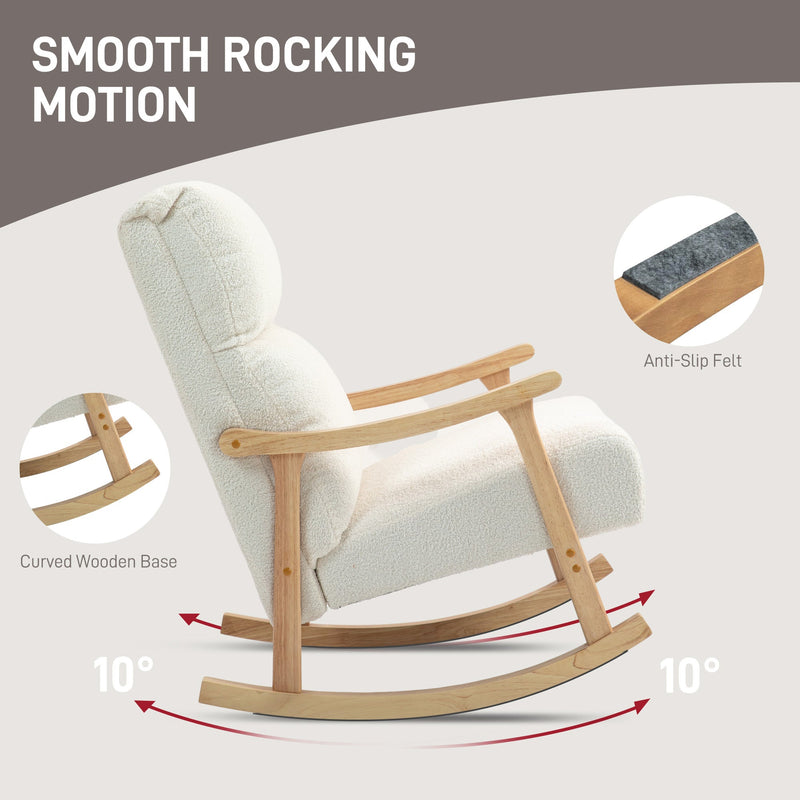 Cream white rocking chair with callouts for a 10 degree rocking motion, anti-slip felt and curved wooden base
