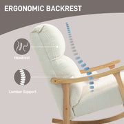 Cream white rocking chair with callouts for an ergonomic backrest, headrest and lumbar support
