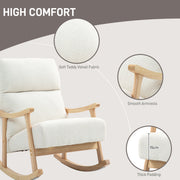 Cream white rocking chair with callouts for soft teddy fabric, smooth armrests and 15 cm thick padding