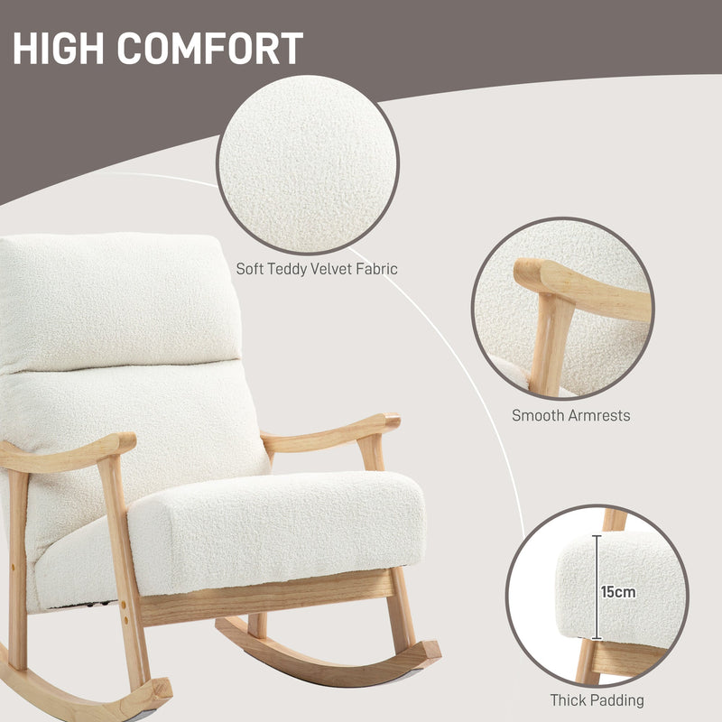 Cream white rocking chair with callouts for soft teddy fabric, smooth armrests and 15 cm thick padding
