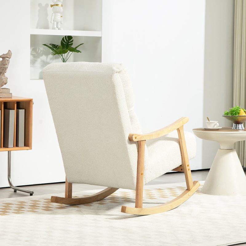 Side and rear view of the cream white rocking chair on its curved wooden rockers