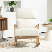 Front view of the cream white teddy fleece rocking chair in a bright room