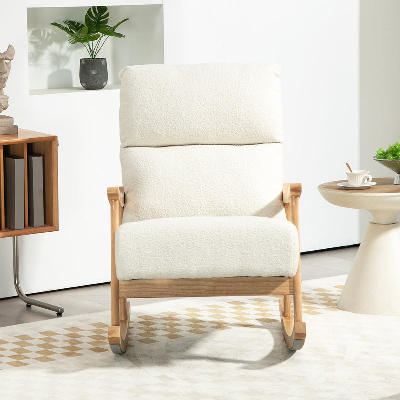 Front view of the cream white teddy fleece rocking chair in a bright room