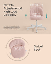 Diagram showing the chair's height adjustment range and 360-degree swivel seat