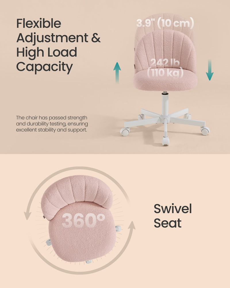 Diagram showing the chair's height adjustment range and 360-degree swivel seat