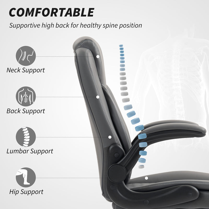 Ergonomic Faux Leather Office Chair With Flip Up Armrests For Home Or Office, Charcoal Grey