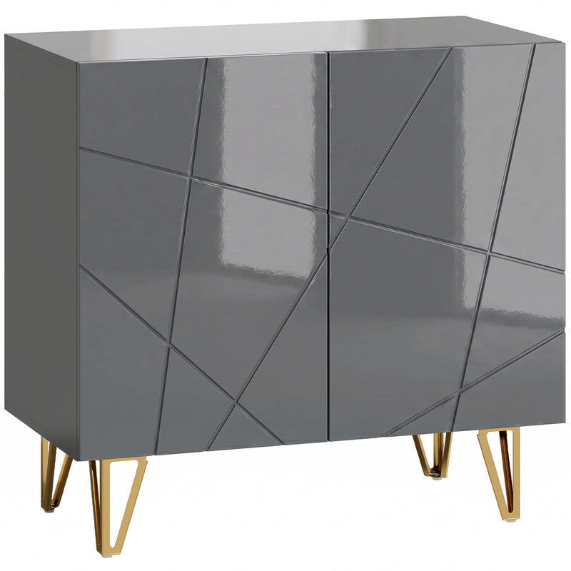 Sideboard with Adjustable Shelf for Living Room Storage High Gloss Grey Gold Tone