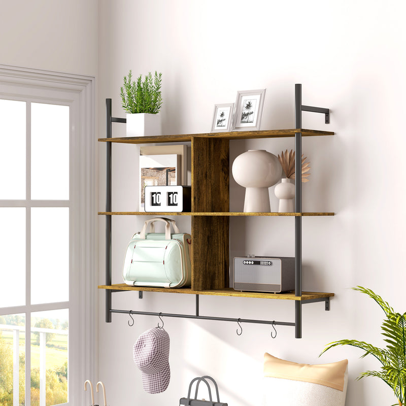 Three Tier Floating Wall Shelf Brown and Black Wood Finish by HOMCOM