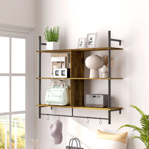 Three Tier Floating Wall Shelf Brown and Black Wood Finish by HOMCOM