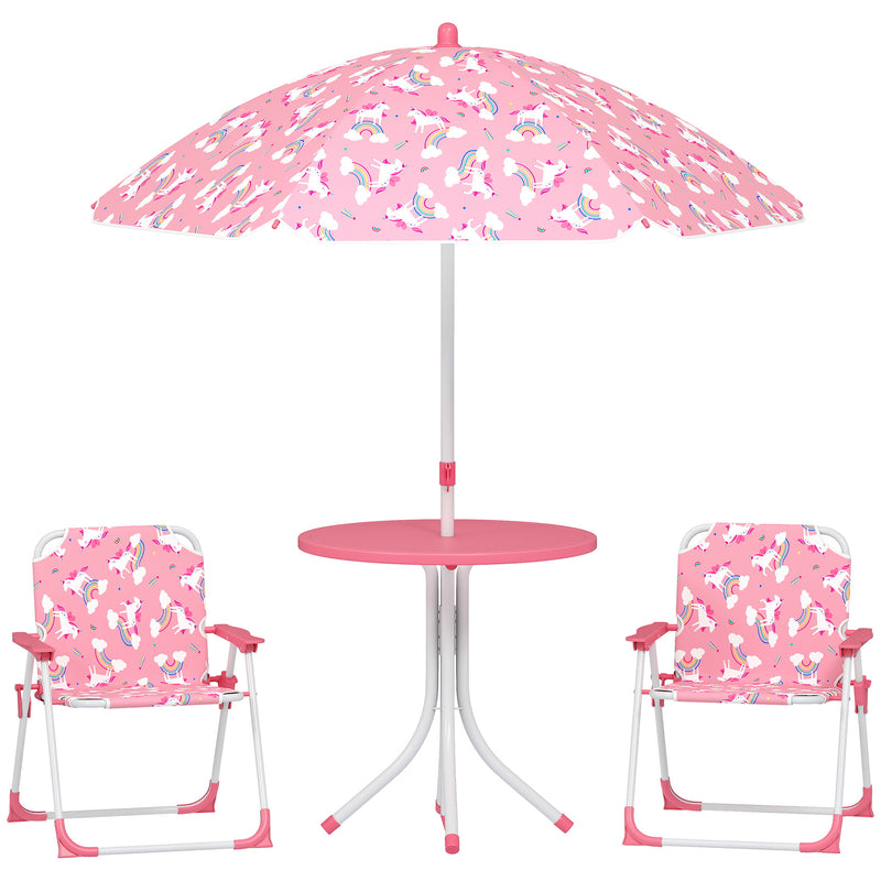 Kids Garden Table and Chair Set with Umbrella for Outdoor Playtime 4 Piece Pink AOSOM