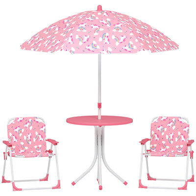 Kids Garden Table and Chair Set with Umbrella for Outdoor Playtime 4 Piece Pink AOSOM