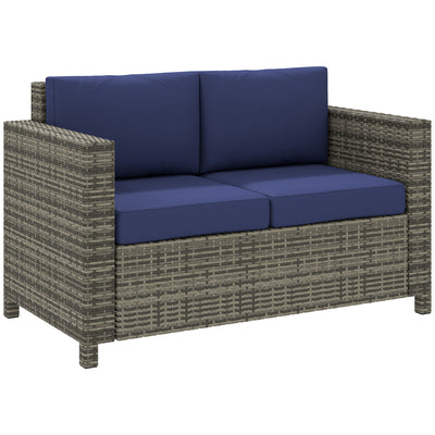 2 Seater Rattan Garden Sofa with Armrests and Cushions Navy Blue by Outsunny