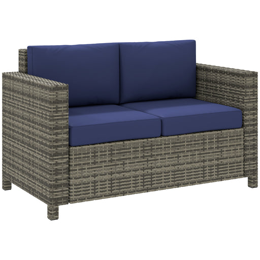 2 Seater Rattan Garden Sofa with Armrests and Cushions Navy Blue by Outsunny