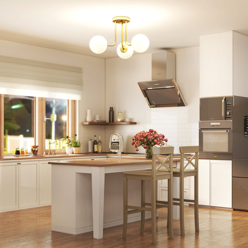 Modern 3 Light LED Ceiling Light with Globe Shades for Living Room and Bedroom Gold Tone