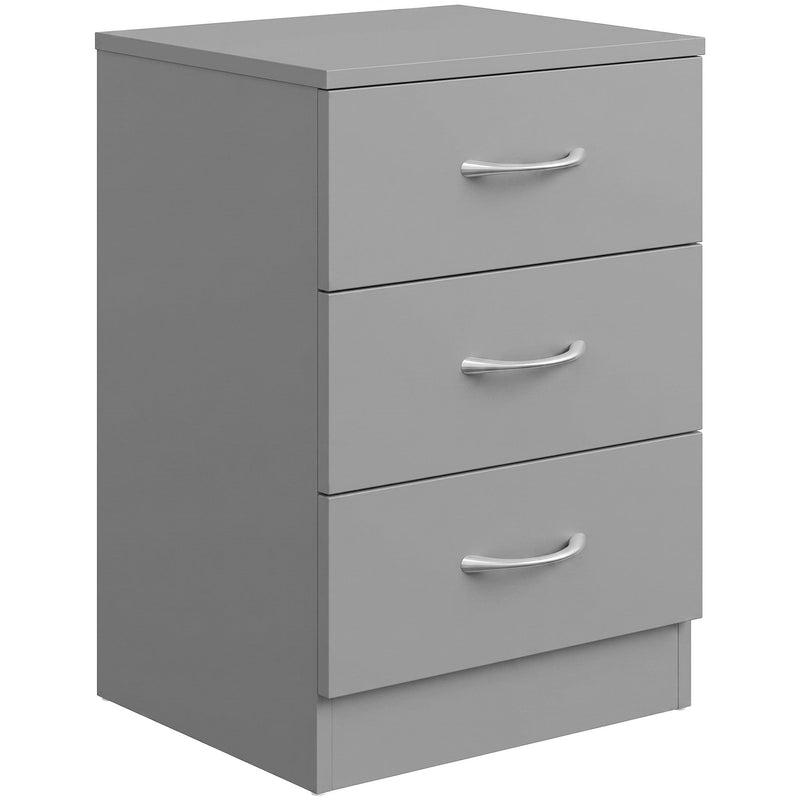Grey three-drawer bedside table with silver handles on a white background