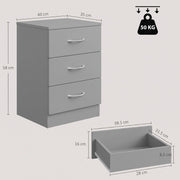 Bedside table dimensions diagram showing 40 cm wide, 35 cm deep, 58 cm high and a 50 kg load limit