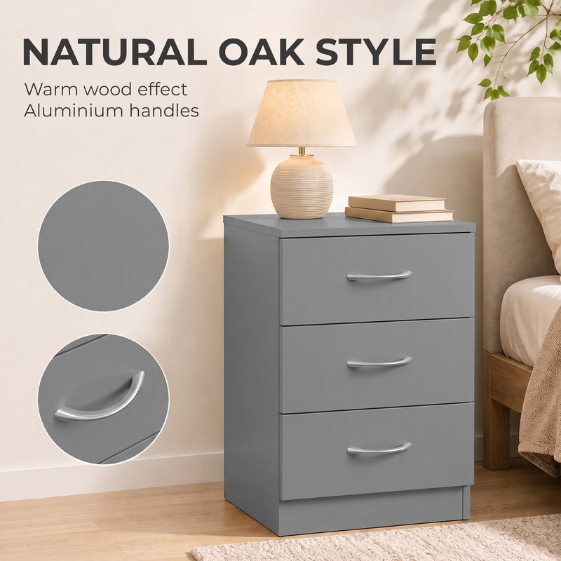 Grey bedside table with a table lamp and close-ups of the surface finish and aluminium handle