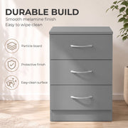 Grey bedside table with callouts for particle board, protective finish and easy-clean surface