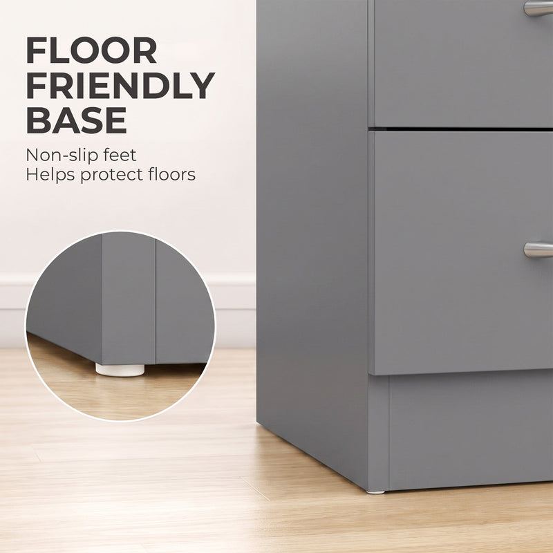 Close-up of the non-slip foot on the base of the grey bedside table