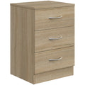 Oak-effect three-drawer bedside table shown from an angled studio view