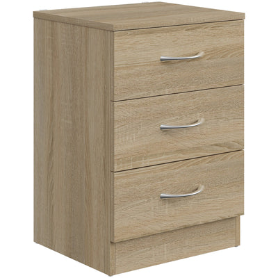 Oak-effect three-drawer bedside table shown from an angled studio view