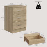 Dimension diagram showing the table at 40 cm wide, 35 cm deep, 58 cm high with drawer interiors of 28 by 31.5 by 8.5 cm and a 50 kg weight capacity