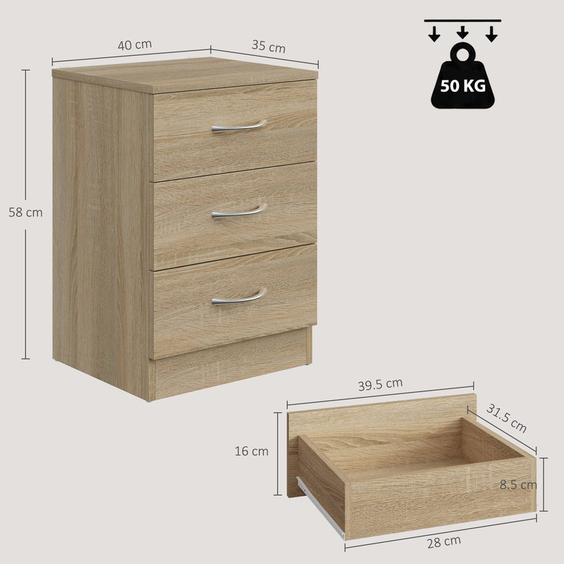 Dimension diagram showing the table at 40 cm wide, 35 cm deep, 58 cm high with drawer interiors of 28 by 31.5 by 8.5 cm and a 50 kg weight capacity