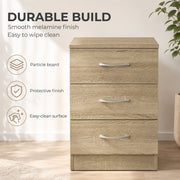 Icons showing the particleboard construction, protective finish and easy-clean surface