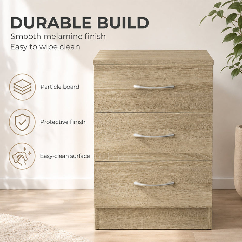Icons showing the particleboard construction, protective finish and easy-clean surface