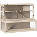 Wooden three-tier hamster home frame showing the ramps, wheel and hut