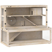 Wooden three-tier hamster home frame showing the ramps, wheel and hut