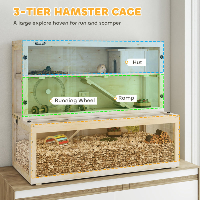 Feature panel showing the wooden hamster home's ventilation and levels