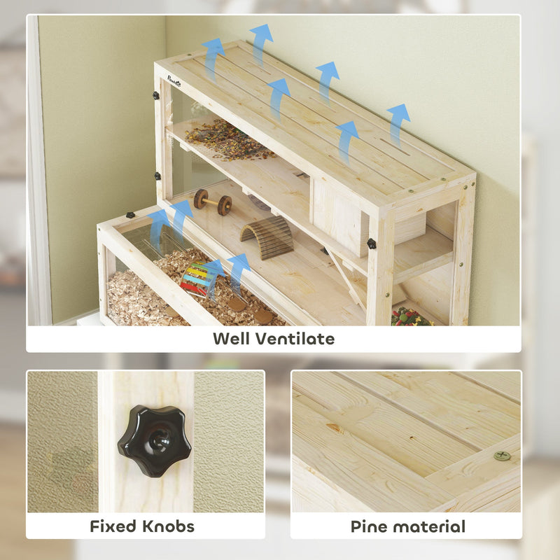 Close-up showing the pine wood material, fixed knobs and ventilation slats