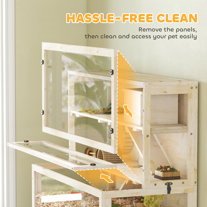 Feature panel showing the hamster home's clear acrylic front panels