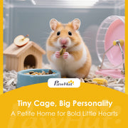 Close-up of the wooden hamster home's tray and base