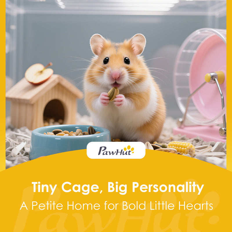 Close-up of the wooden hamster home's tray and base