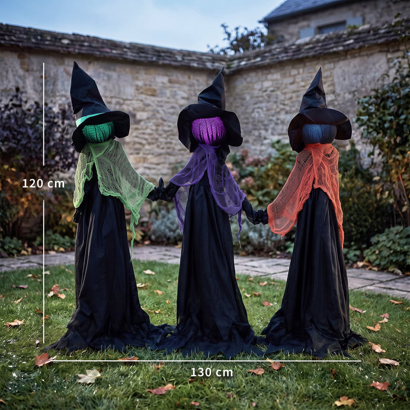 Dimension diagram showing 120 cm height and 130 cm width across the three witches
