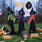 Feature callouts showing light-up heads, durable fabric and the battery compartment