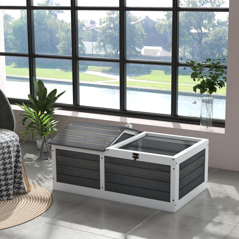 Wooden Tortoise House with Hideout and Outdoor Run for Small Pets, Grey