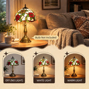 Red floral table lamp on a sofa side table with off, white light and warm light comparison