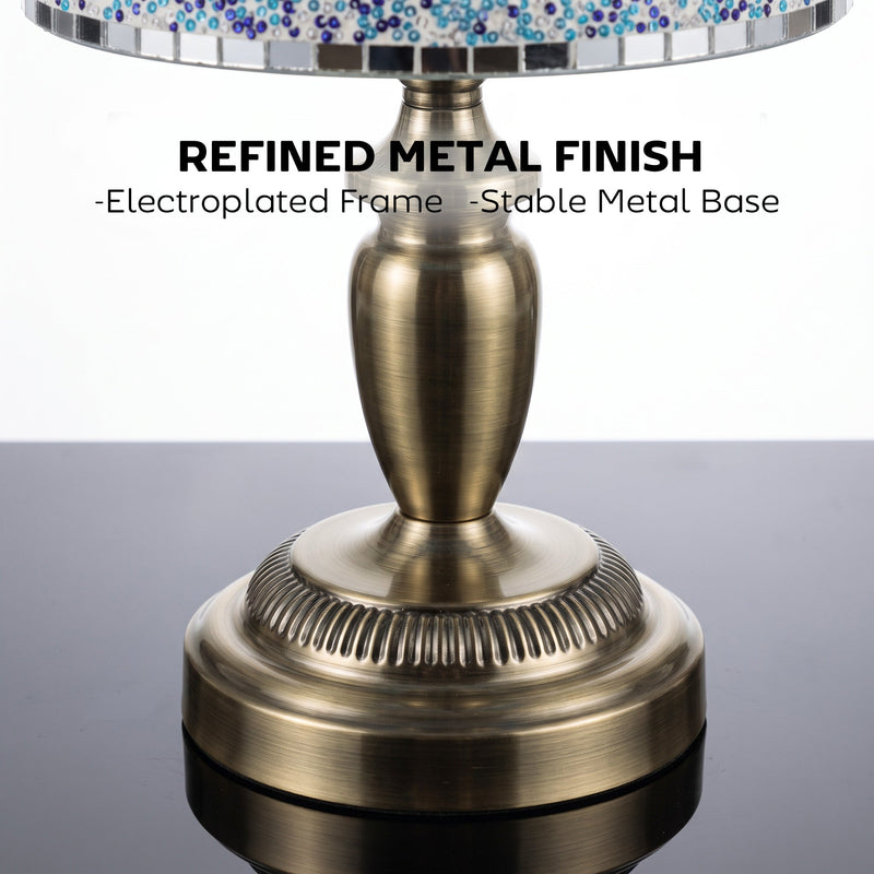 Close-up of the electroplated bronze-tone metal base and stable foot
