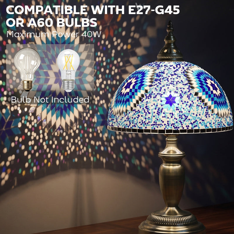 Bulb compatibility graphic showing E27 G45 and A60 LED bulbs, not included, max 40 W